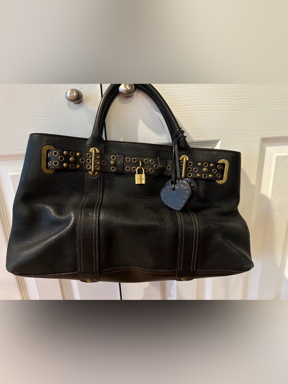 Vintage Luella Black Leather Shoulder Tote with Gold Hardware